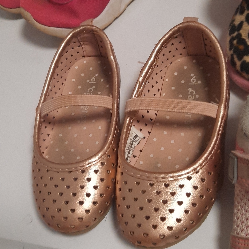 Metallic Rose gold slip on shoes, heart cut outs